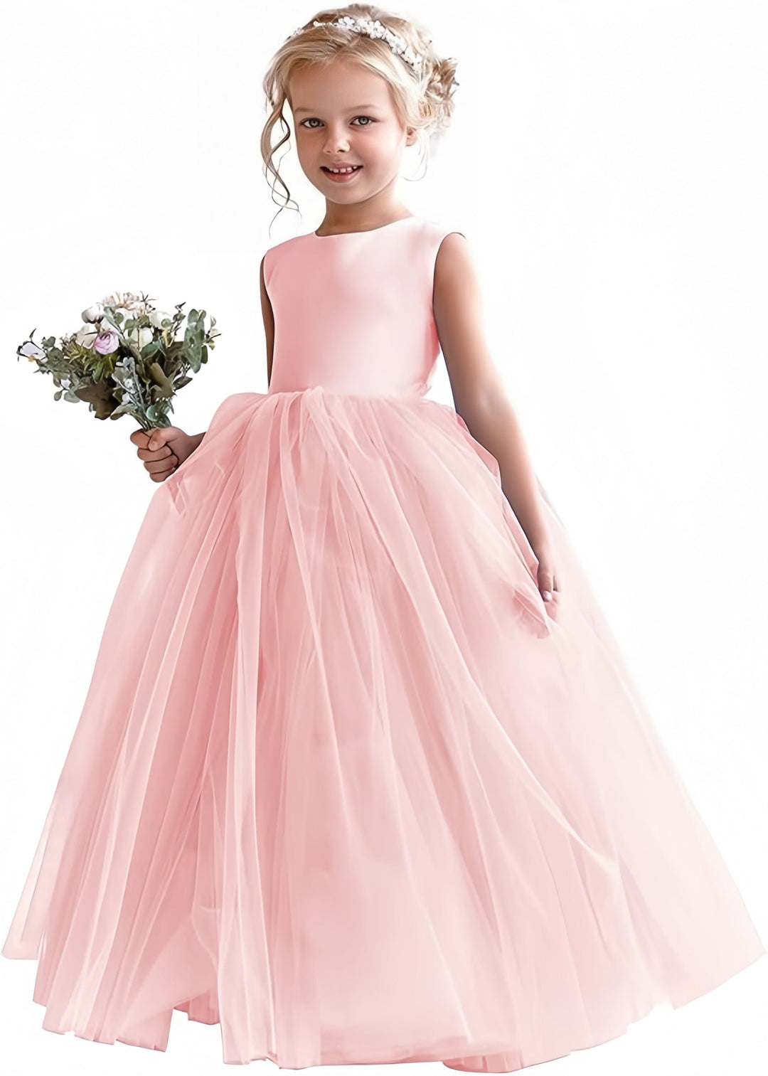 9m / Pink Sunnypetal First Communion Dress Satin Tulle Kids Flower Girl Dress Ball Gown