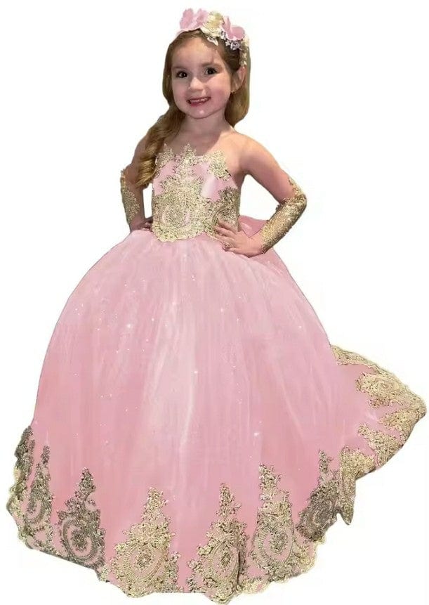 9m / Pink Sunnypetal Glitter Puffy Flower Girl Dresses Gold Appliques Bow Tulle Long Princess Ball Gown