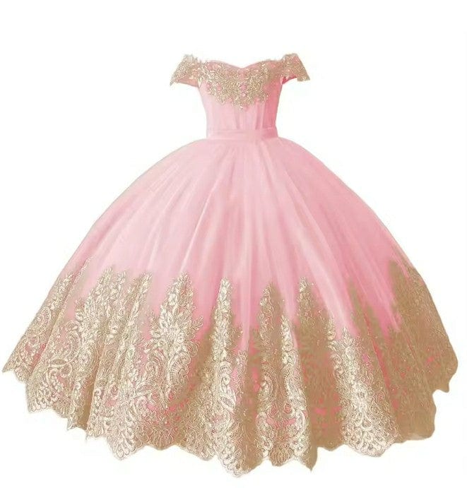 9m / Pink Sunnypetal Gold Appliques Off Shoulder Princess Birthday Puffy Tulle Dresses