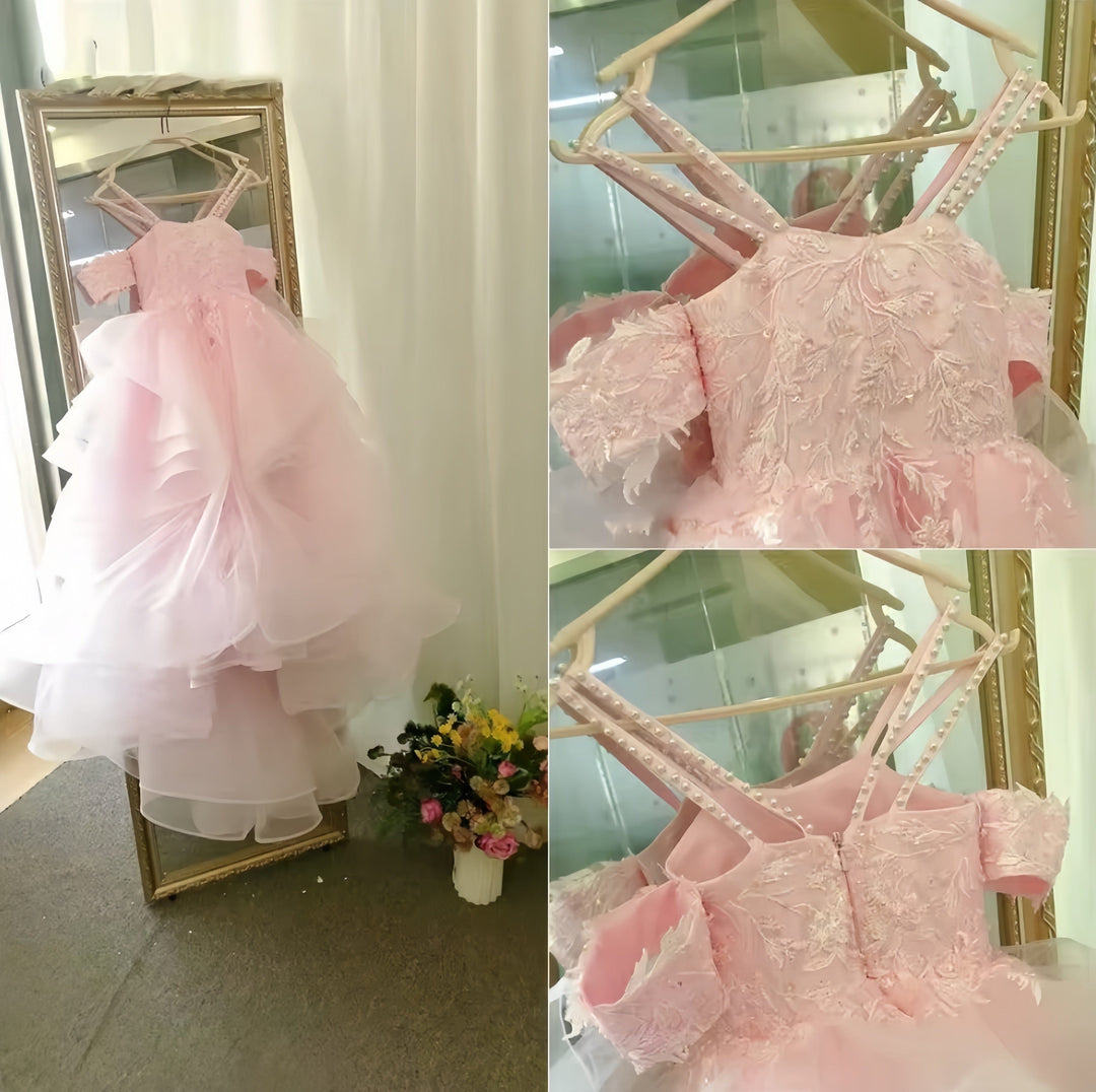 9m / Pink Sunnypetal Long Appliques Flower Girl Dresses Pageant Wedding Gown Lace Ruffles Princess Dress