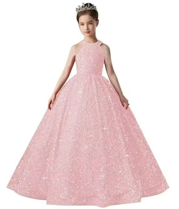 9m / Pink Sunnypetal Long Sparkly Satin Flower Girl Dresses Formal Dinners Birthday Pageant Gown