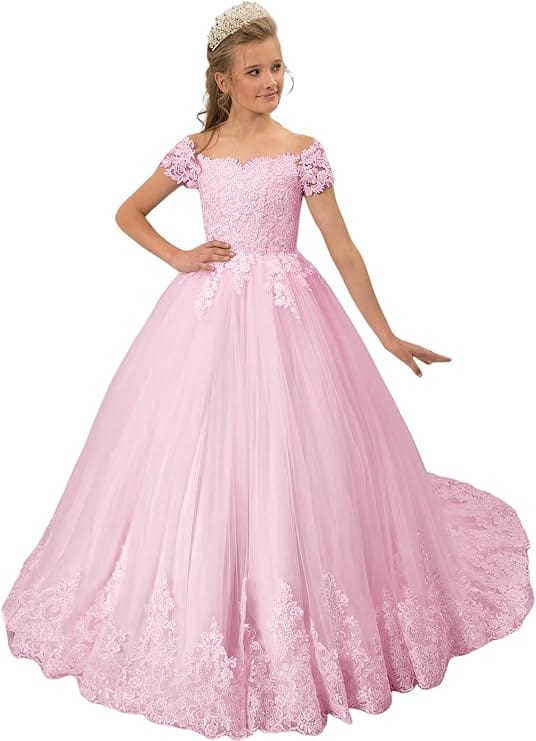 9m / Pink Sunnypetal Off the Shoulder Ivory Tulle Lace Appliques Ball-Gown Flower Girl Dress