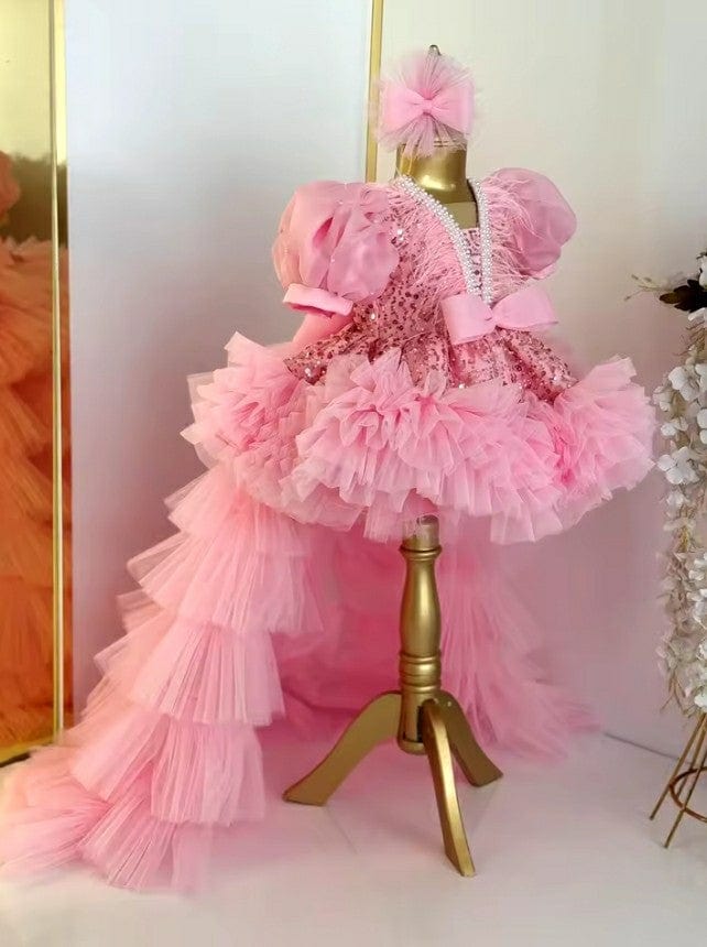 9m / Pink Sunnypetal Puff Sleeves Princess Tulle Flower Girl Dress Pearls Sequins Bow With Long Train