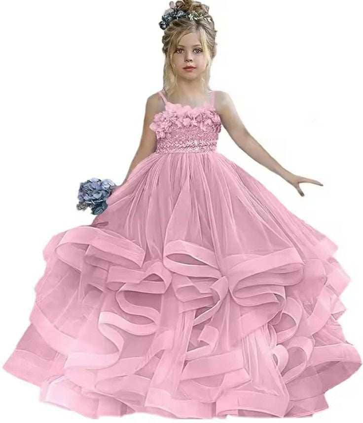 9m / Pink Sunnypetal Sleeveless Spaghetti Straps Floor-Length Flower Girl Dresses Tulle Pageant Gowns