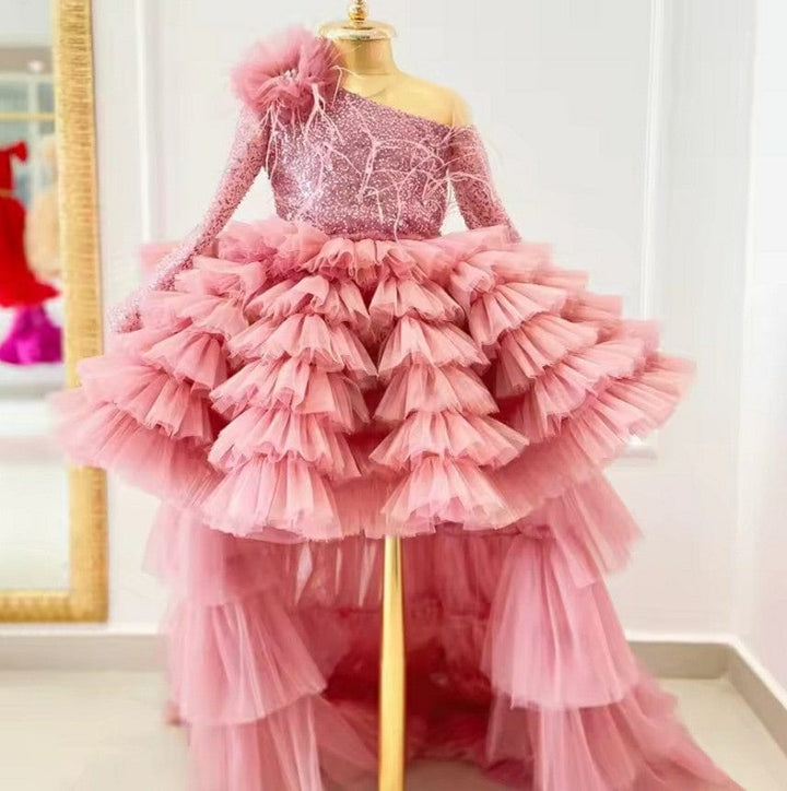 9m / Pink Sunnypetal Tulle Flower Girl Dresses Sequins Feather Princess Pageant Dress With Long Train