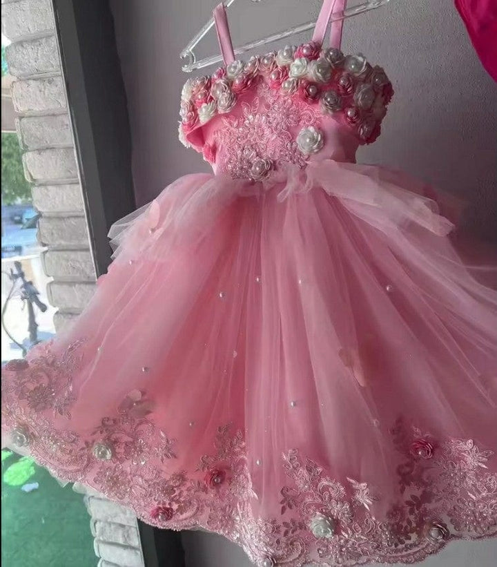 9m / Pink Sunnypetal Tulle Pearls Toddler Flower Girl Dress Spaghetti Straps Appliques Princess Dress