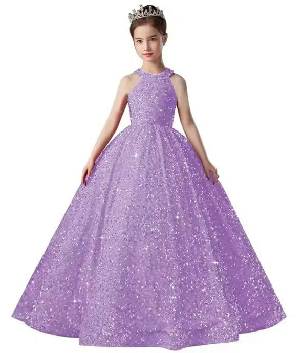 9m / Purple Sunnypetal Long Sparkly Satin Flower Girl Dresses Formal Dinners Birthday Pageant Gown