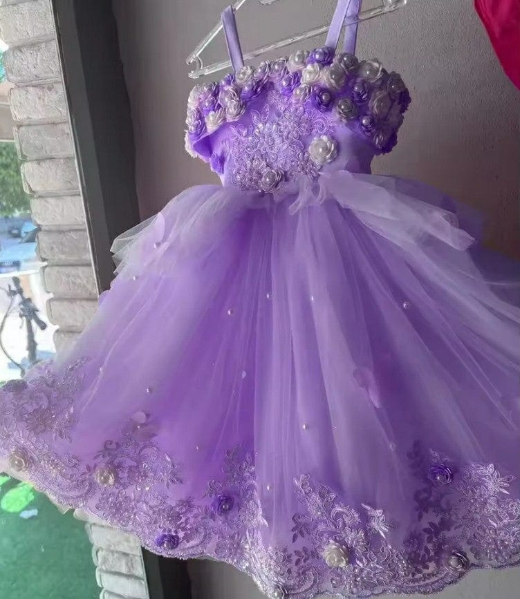 9m / Purple Sunnypetal Tulle Pearls Toddler Flower Girl Dress Spaghetti Straps Appliques Princess Dress