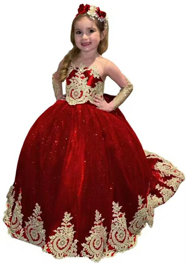 9m / Red Sunnypetal Glitter Puffy Flower Girl Dresses Gold Appliques Bow Tulle Long Princess Ball Gown