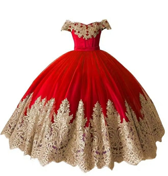 9m / Red Sunnypetal Gold Appliques Off Shoulder Princess Birthday Puffy Tulle Dresses