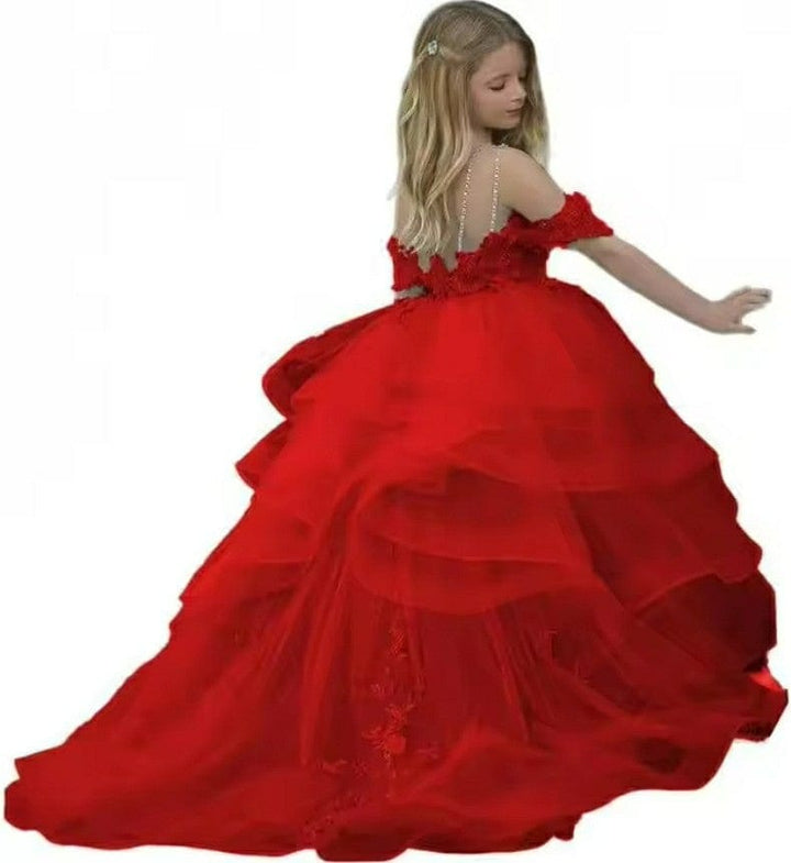 9m / Red Sunnypetal Long Appliques Flower Girl Dresses Pageant Wedding Gown Lace Ruffles Princess Dress