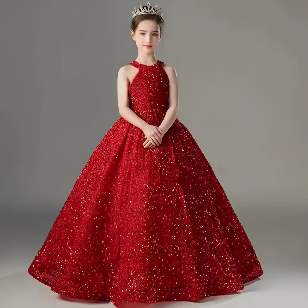 9m / Red Sunnypetal Long Sparkly Satin Flower Girl Dresses Formal Dinners Birthday Pageant Gown