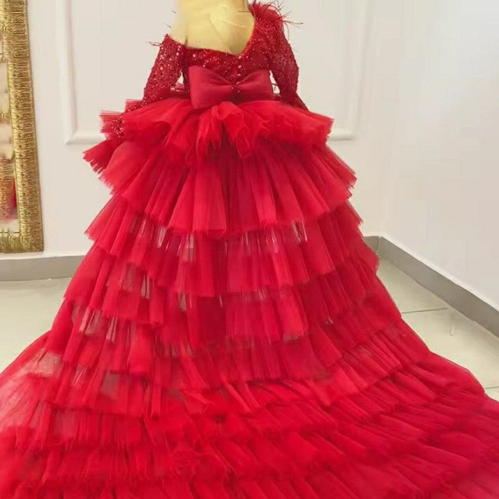 9m / Red Sunnypetal Tulle Flower Girl Dresses Sequins Feather Princess Pageant Dress With Long Train