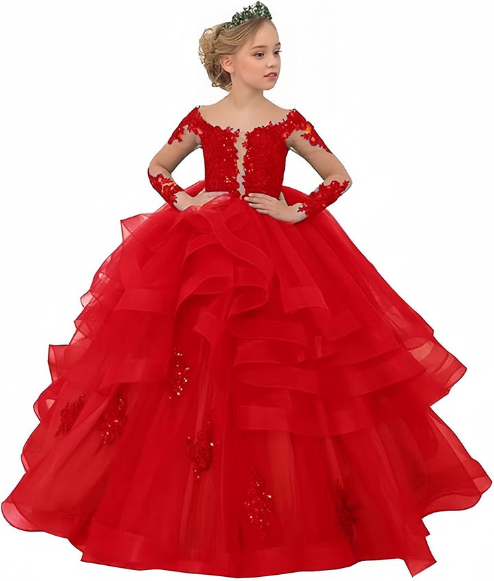 9m / Red Sunnypetal Tulle Lace Flower Girl Dress Long Sleeves Princess Gowns With Sequins