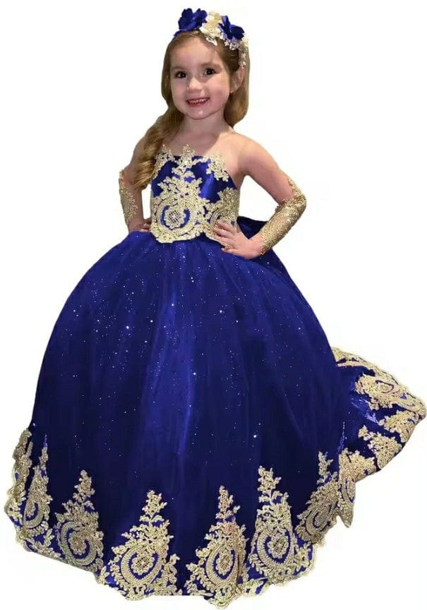 9m / Royal Blue Sunnypetal Glitter Puffy Flower Girl Dresses Gold Appliques Bow Tulle Long Princess Ball Gown