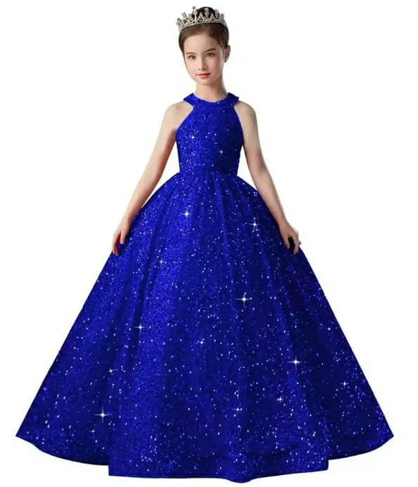 9m / Royal Blue Sunnypetal Long Sparkly Satin Flower Girl Dresses Formal Dinners Birthday Pageant Gown