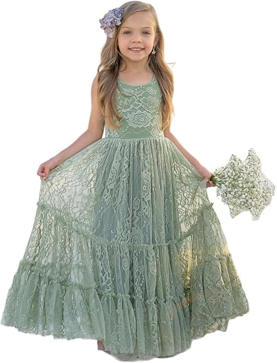 9m / Sage Green Sunnypetal Lace A-Line Floor-Length Kids Flower Girl Dress Wedding Birthday Party Dresses