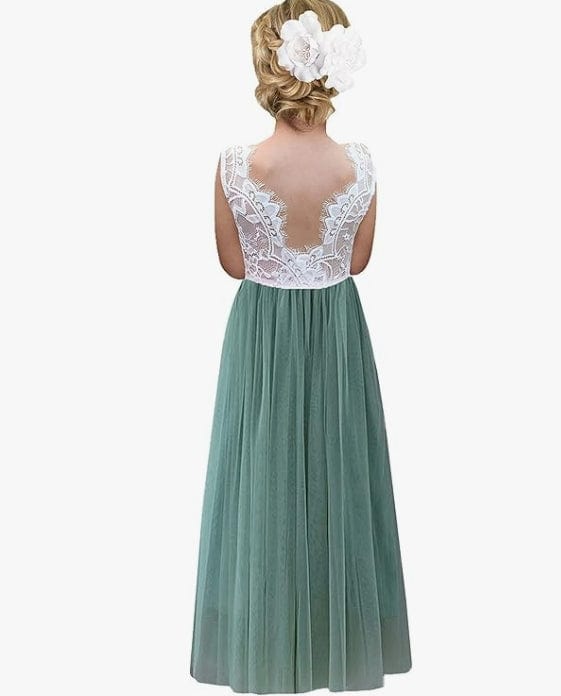 9m / Sage Green Sunnypetal Soft Tulle Floor-Length Lace V Back Sleeveless Flower Girl Dresses for Wedding