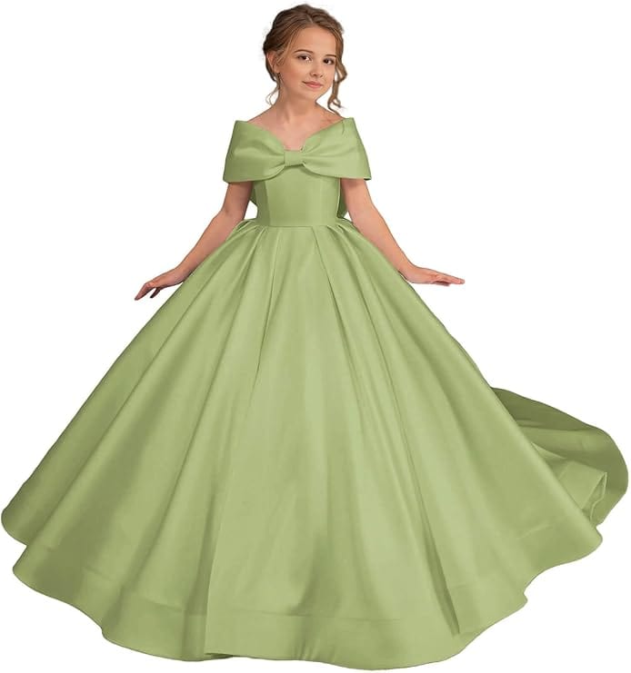 9m / Sage Green Sunnypetal White Off Shoulder Satin Ball Gown Bow Princess Flower Girl Dress