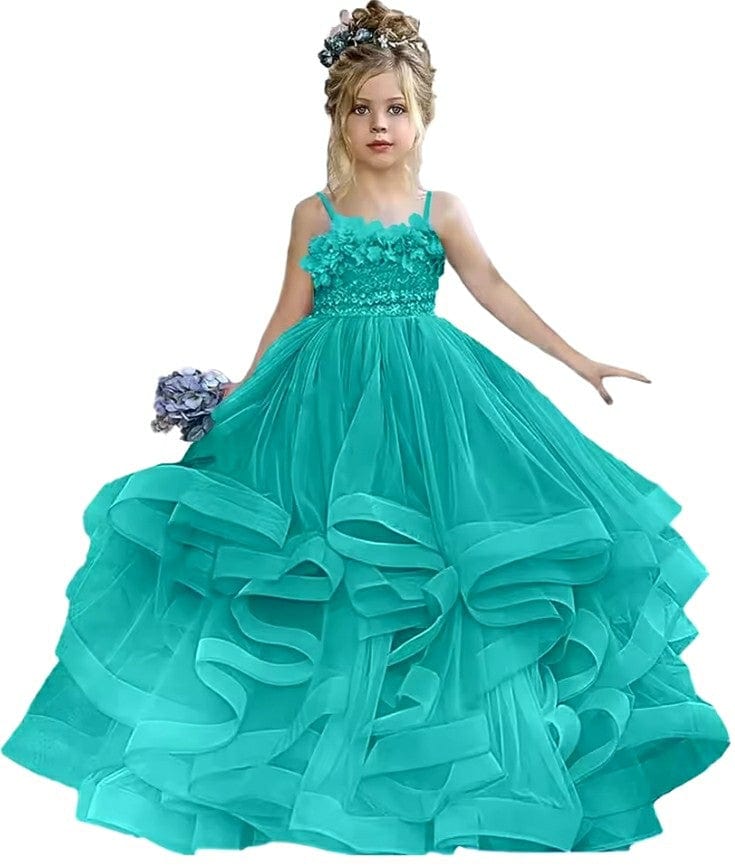 9m / Turquoise Sunnypetal Sleeveless Spaghetti Straps Floor-Length Flower Girl Dresses Tulle Pageant Gowns