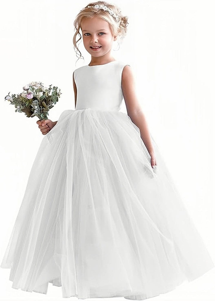 9m / White Sunnypetal First Communion Dress Satin Tulle Kids Flower Girl Dress Ball Gown