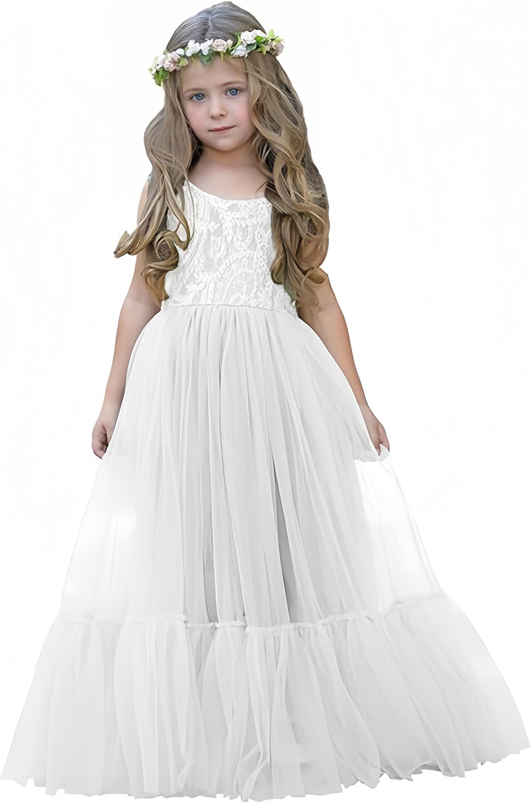 9m / White Sunnypetal Flower Girl Dress Lace/Tulle Boho Toddler Dresses