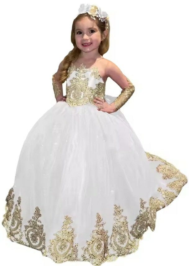 9m / White Sunnypetal Glitter Puffy Flower Girl Dresses Gold Appliques Bow Tulle Long Princess Ball Gown