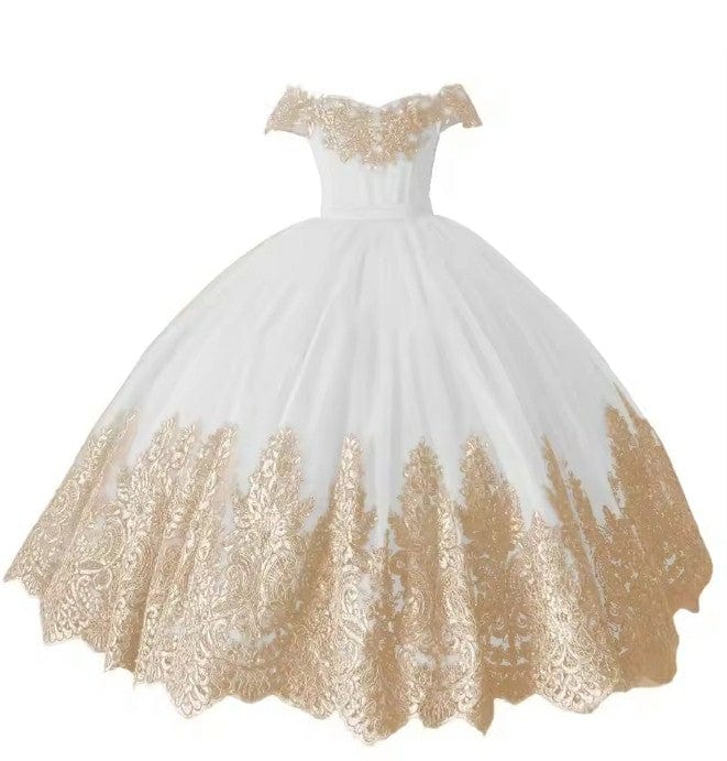 9m / White Sunnypetal Gold Appliques Off Shoulder Princess Birthday Puffy Tulle Dresses