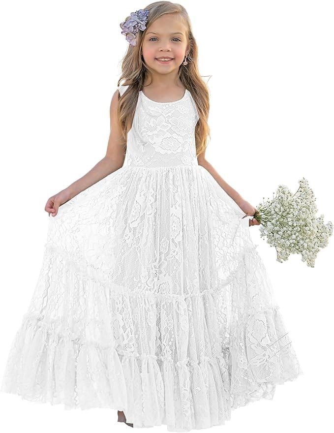 9m / White Sunnypetal Lace A-Line Floor-Length Kids Flower Girl Dress Wedding Birthday Party Dresses