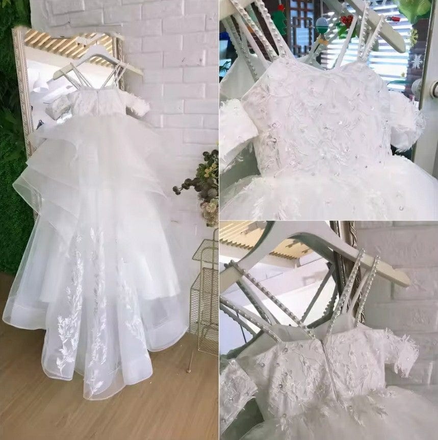 9m / White Sunnypetal Long Appliques Flower Girl Dresses Pageant Wedding Gown Lace Ruffles Princess Dress