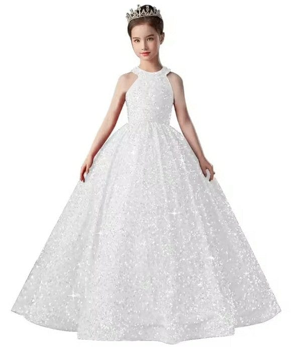 9m / White Sunnypetal Long Sparkly Satin Flower Girl Dresses Formal Dinners Birthday Pageant Gown