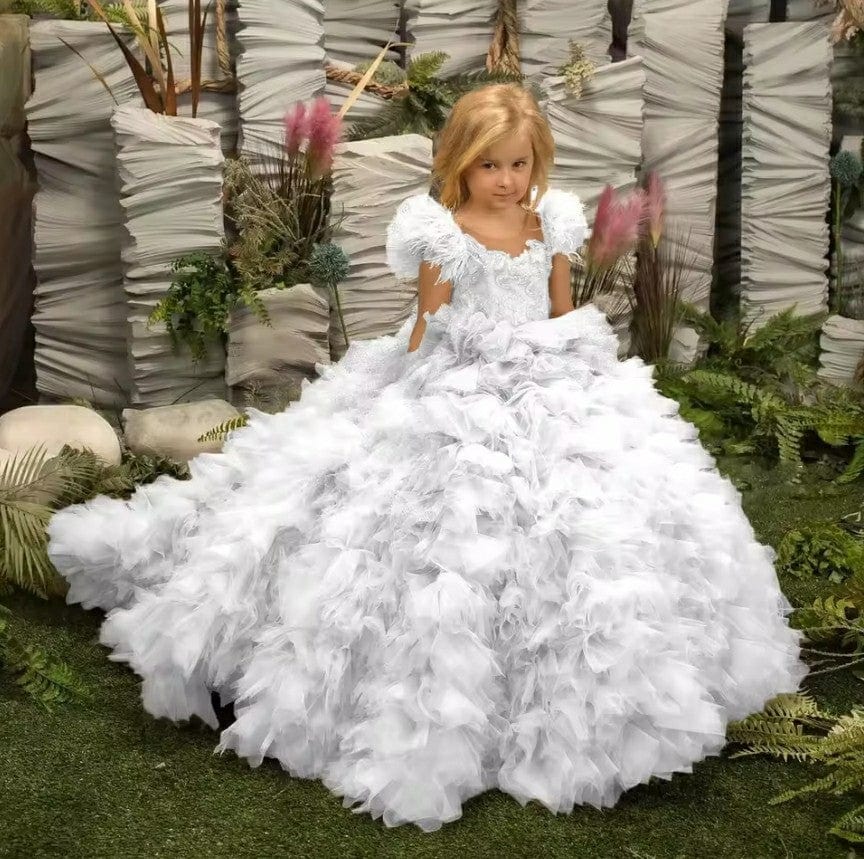 9m / White Sunnypetal Puffy Tulle Sequins Flower Girl Dresses Long Princess Dress With Train