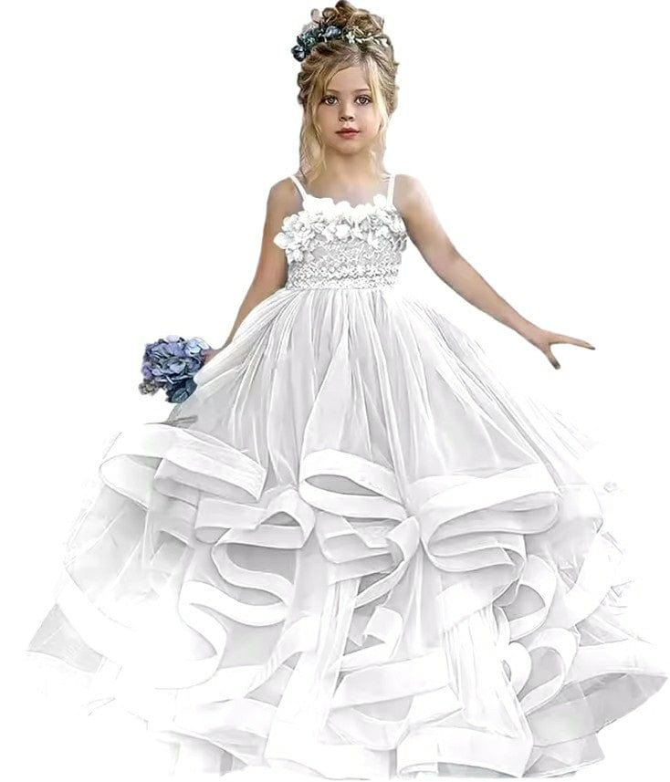 9m / White Sunnypetal Sleeveless Spaghetti Straps Floor-Length Flower Girl Dresses Tulle Pageant Gowns