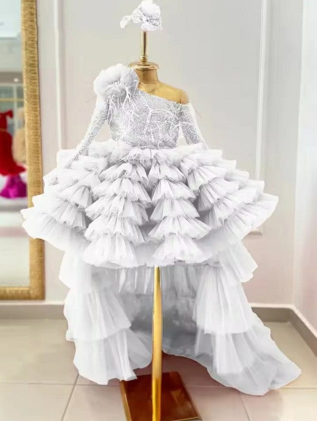 9m / White Sunnypetal Tulle Flower Girl Dresses Sequins Feather Princess Pageant Dress With Long Train