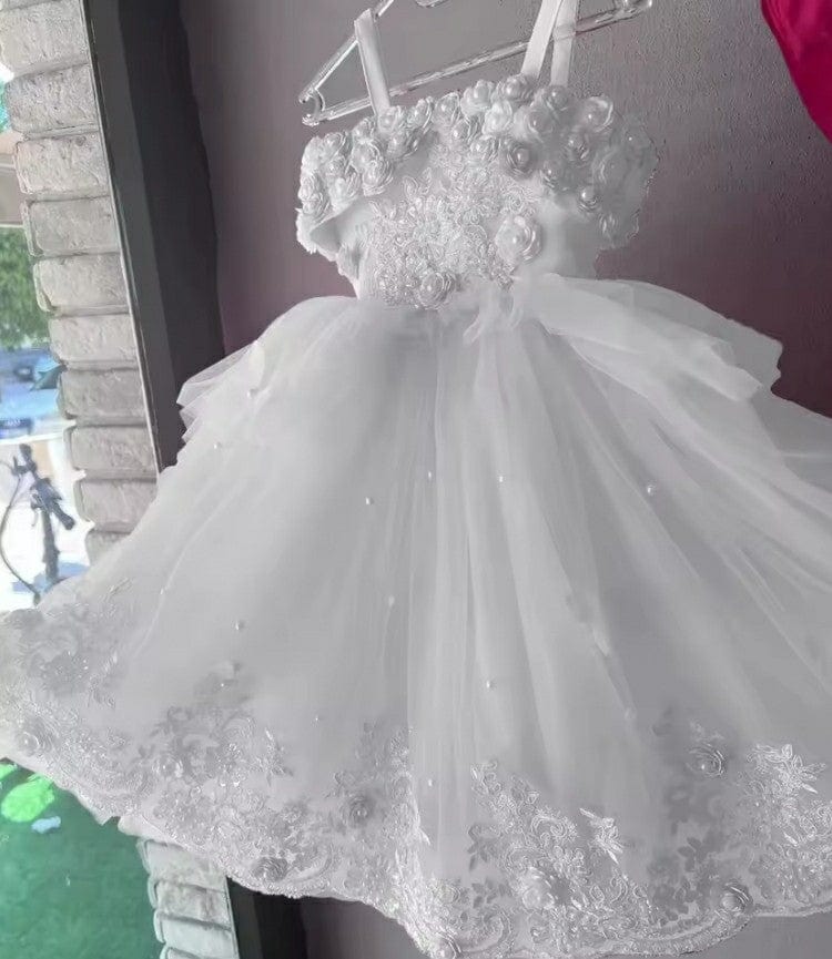 9m / White Sunnypetal Tulle Pearls Toddler Flower Girl Dress Spaghetti Straps Appliques Princess Dress