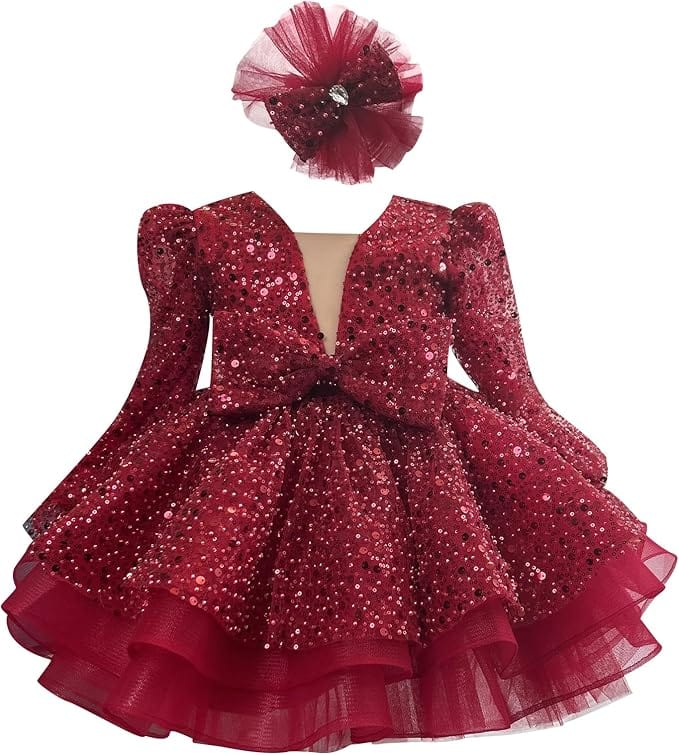 9m / Wine Red Sunnypetal Baby Girl Pageant Tulle Dress Sequins Lace Toddler Birthday Party Gown Dresses