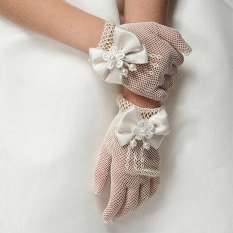 Beige Sunnypetal Wedding Flower Girls Mittens Pearl Bow Tie Fish Net Gloves