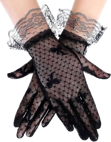 Black Sunnypetal Girls Lace Gloves Princess Dress Gloves Floral Bow Elegant Wedding Gloves