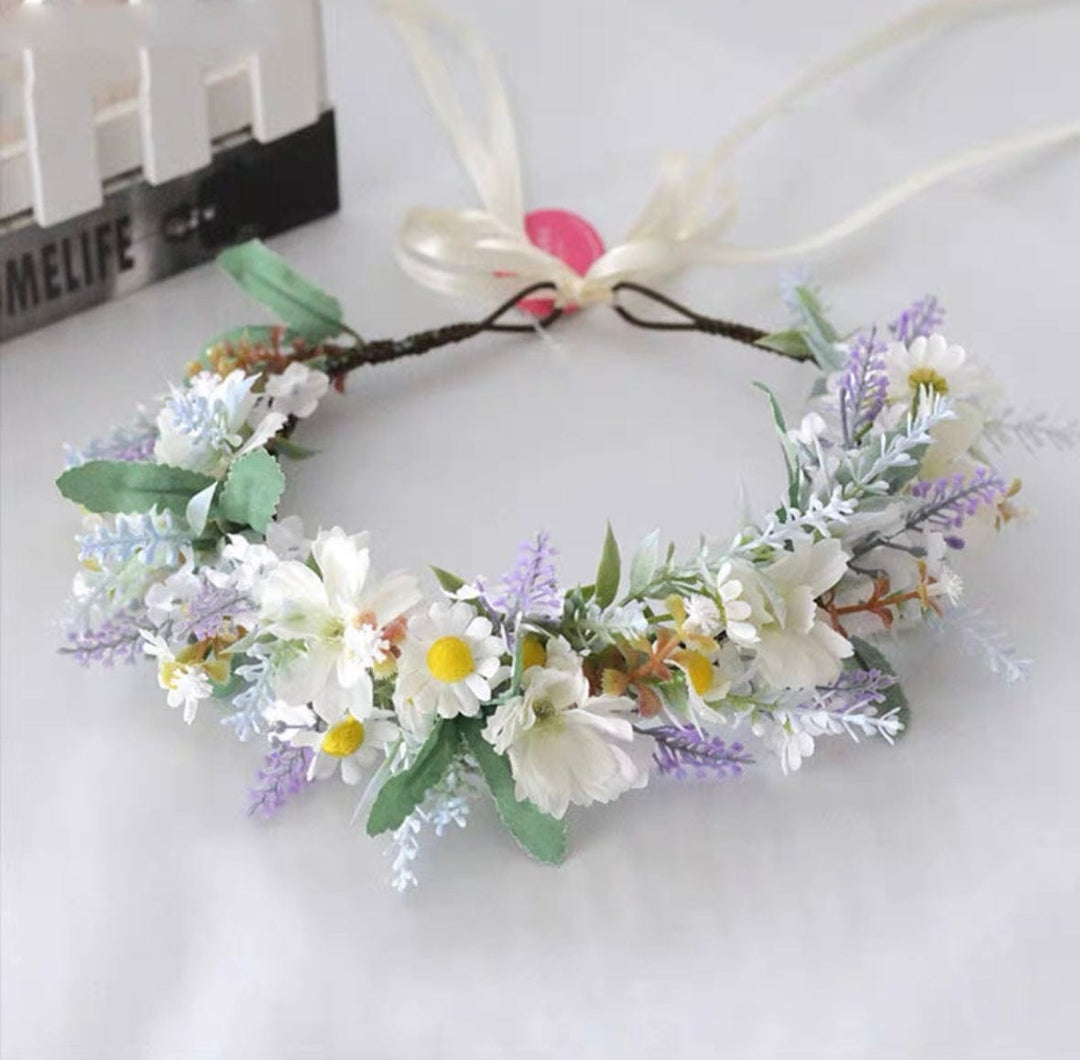 Cream Purple Flower Headband for Girl, Fairy Headpiece with Ribbon for Wedding, Festival, Party