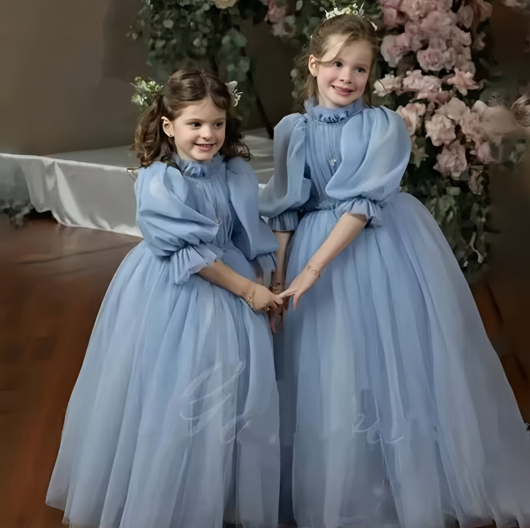 Dunnypetal Grey Blue Tulle High Neck Flower Girl Dress For Wedding Kids Birthday Party Gown