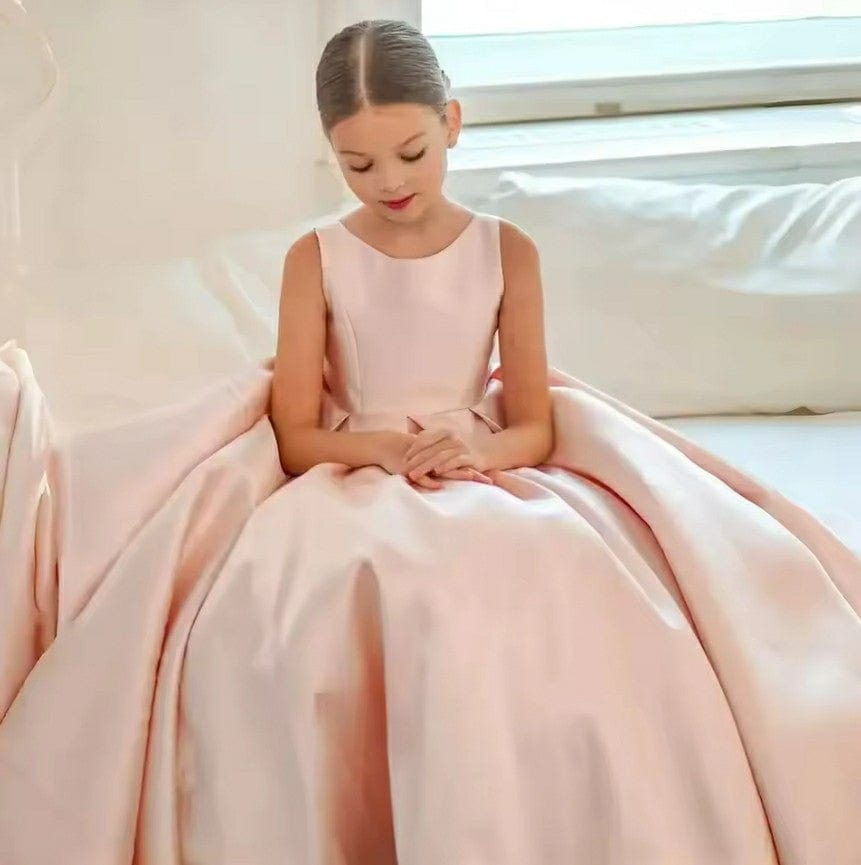 Elegant Long Flower Girl Dresses Bow Satin First Holy Communion Dresses for Girls