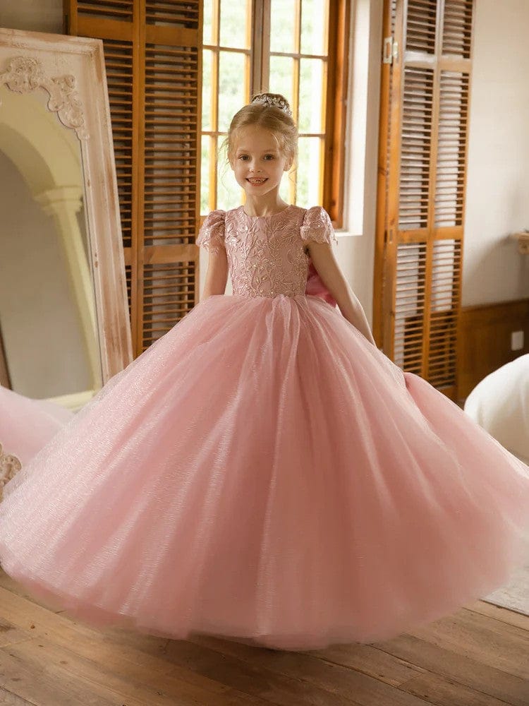 Flower Girls Lace Cap Sleeve Dress Tulle Back V-Neck Ball Gown with Applique/Bow