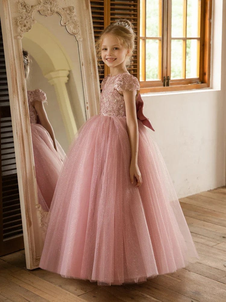 Flower Girls Lace Cap Sleeve Dress Tulle Back V-Neck Ball Gown with Applique/Bow