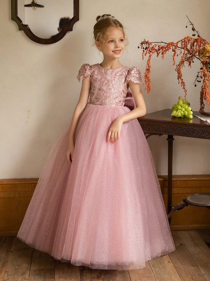 Flower Girls Lace Cap Sleeve Dress Tulle Back V-Neck Ball Gown with Applique/Bow