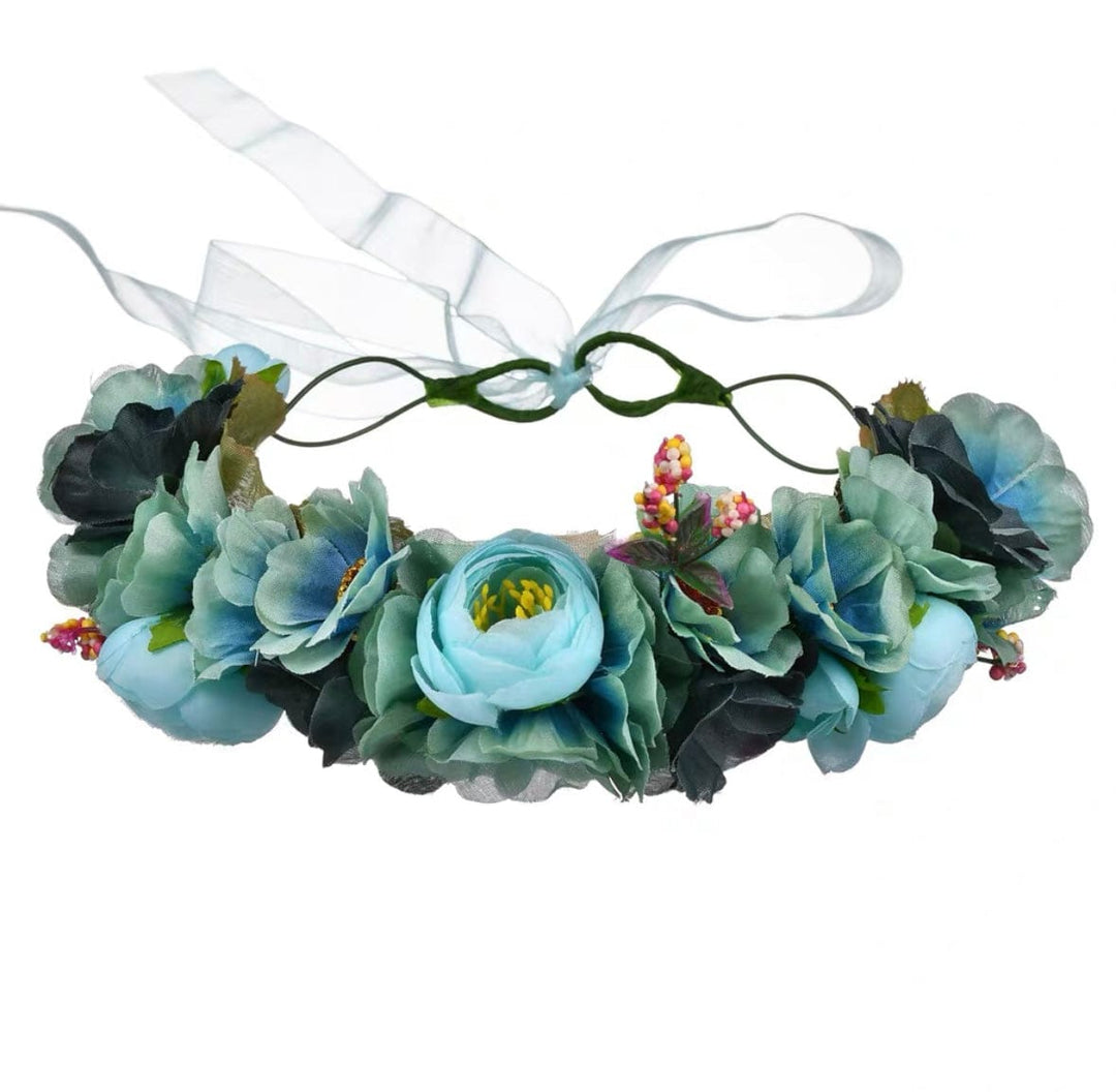 Lake Blue Flower Headband for Girl, Fairy Headpiece with Ribbon for Wedding, Festival, Party