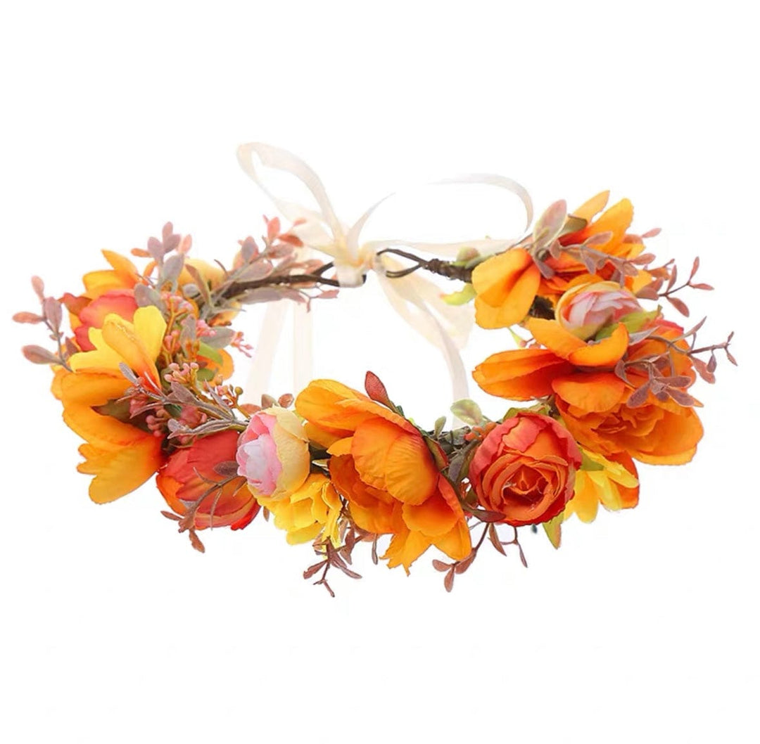 Orange Yellow Flower Headband for Girl, Fairy Headpiece with Ribbon for Wedding, Festival, Party