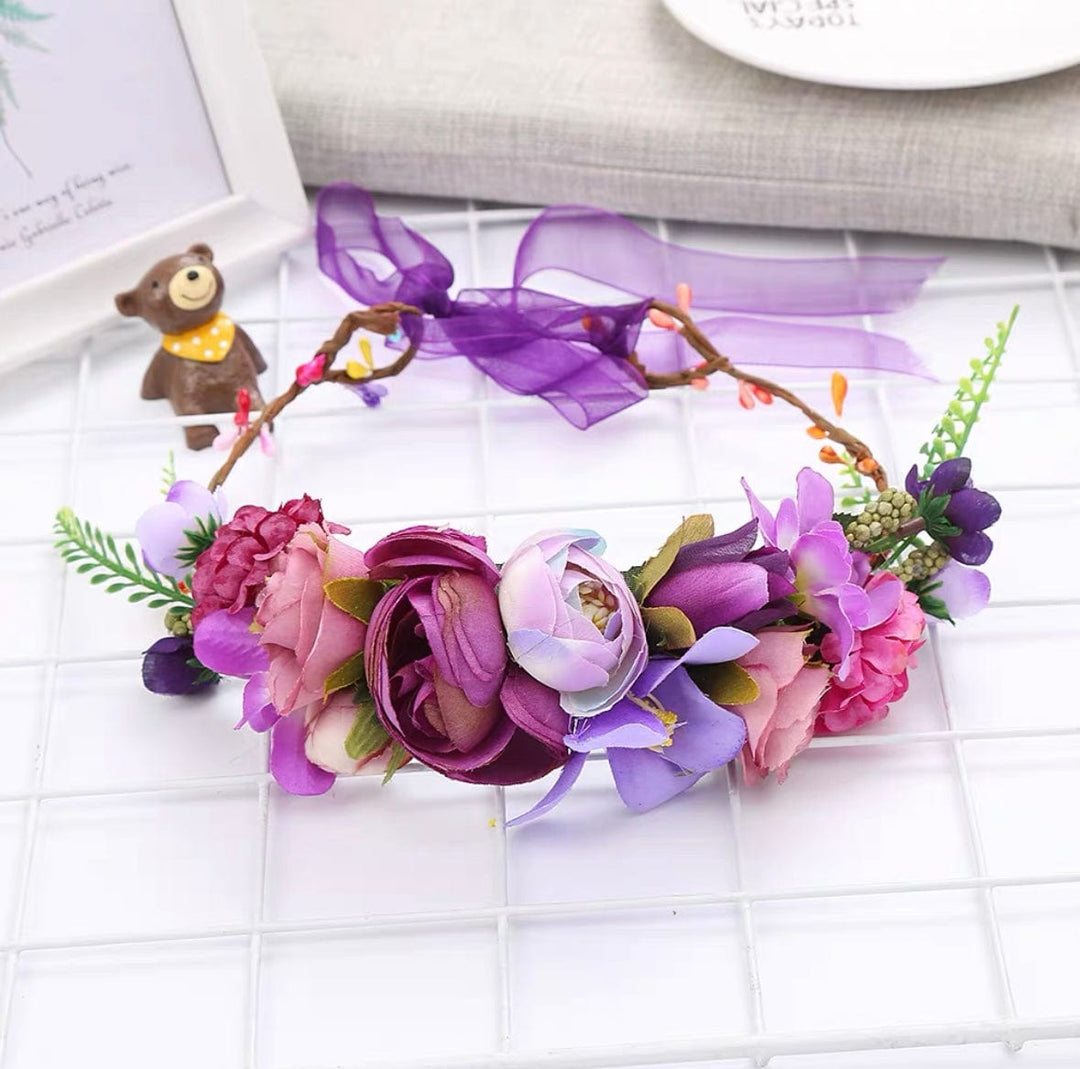 Puple Flower Headband for Girl, Fairy Headpiece with Ribbon for Wedding, Festival, Party