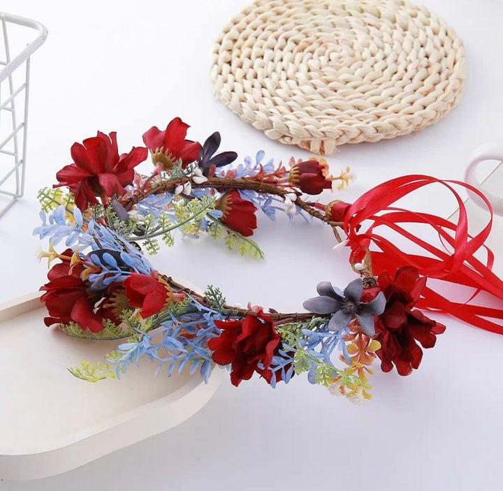 Red Blue Flower Headband for Girl, Fairy Headpiece with Ribbon for Wedding, Festival, Party