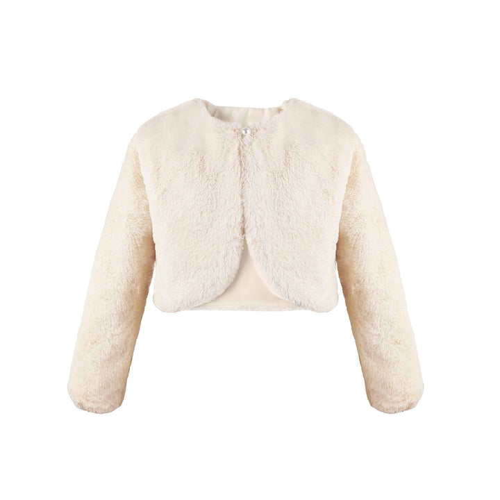 Small / Beige Sunnypetal Girls Cozy Faux Fur Bolero Shrug Long Sleeve Crew Neck Dress Coat