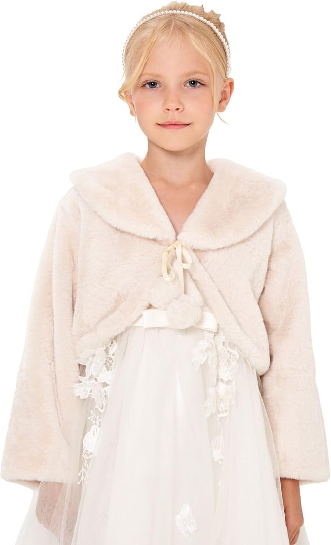 Small / Beige Sunnypetal Girls Cozy Faux Fur Shrug Bolero Jacket Dress Coat